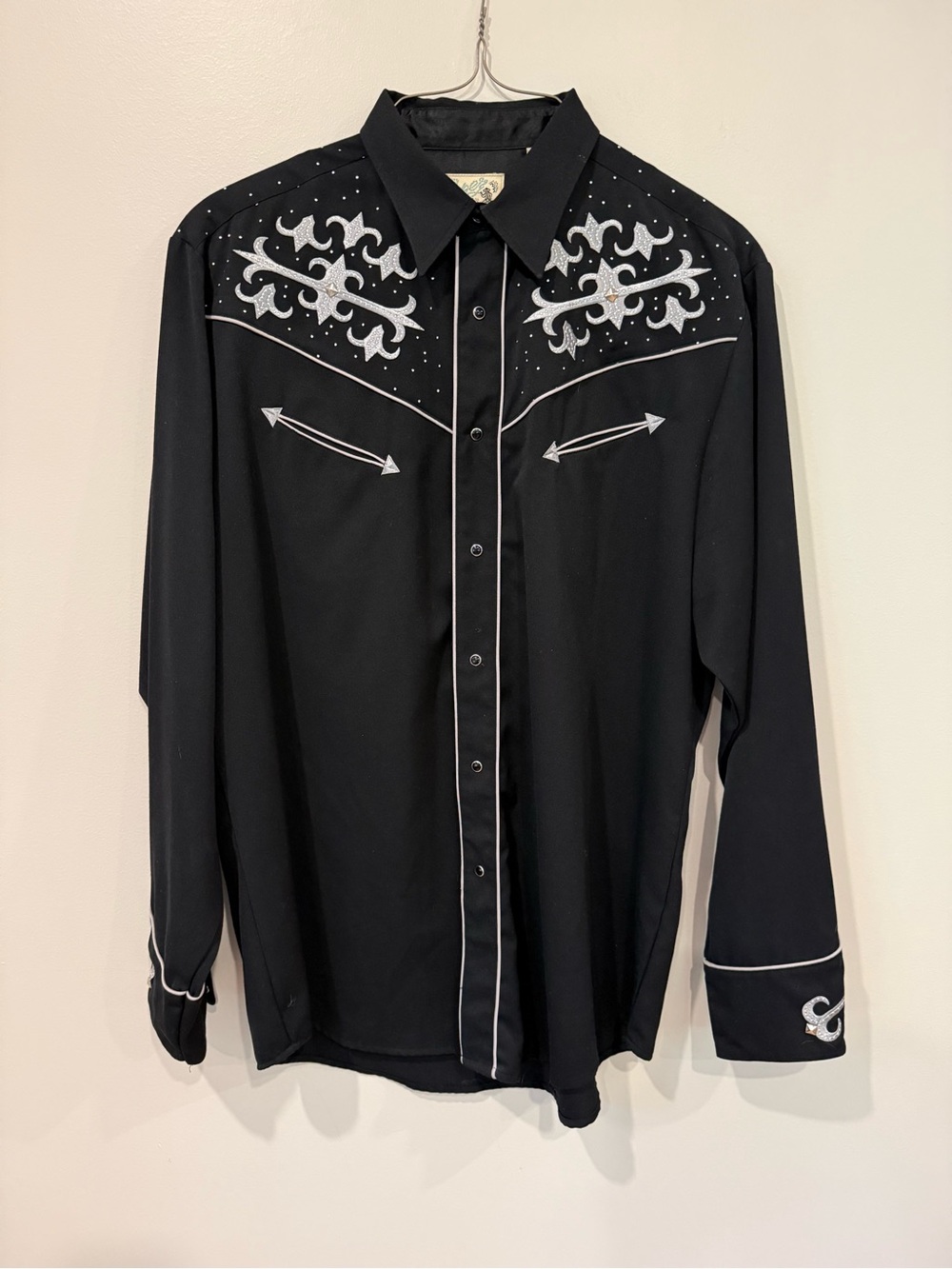 Vtg Roper Embroidered Rhinestone Black Western Pearl Snap Shirt Mens Cowboy